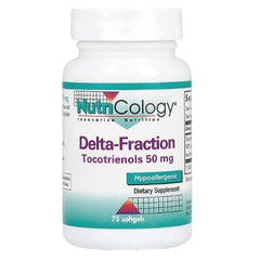 NCL031 | White bottle of NutriCology Delta-Fraction tocotrienols 50 mg dietary supplement, 75 softgels, hypoallergenic