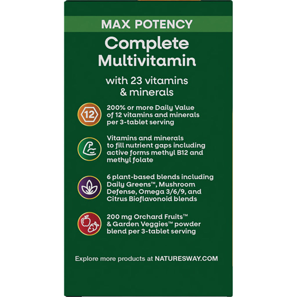 NW578 | Product infographic listing Complete Multivitamin features: 23 vitamins and minerals; 200% DV for 12 nutrients; 6 plant-based blends; Orchard Fruits & Garden Veggies - Thumbnail