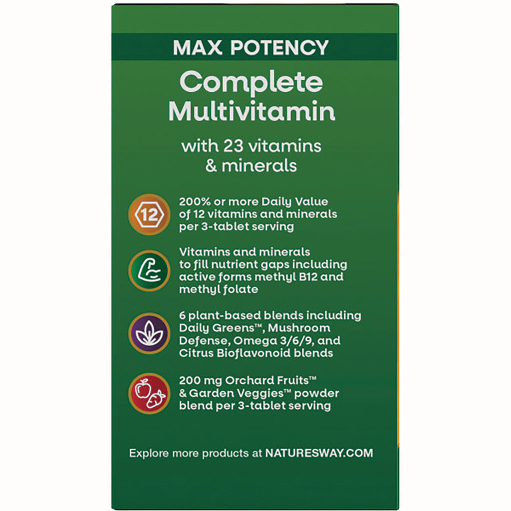 NW578 | Product infographic listing Complete Multivitamin features: 23 vitamins and minerals; 200% DV for 12 nutrients; 6 plant-based blends; Orchard Fruits & Garden Veggies - Thumbnail