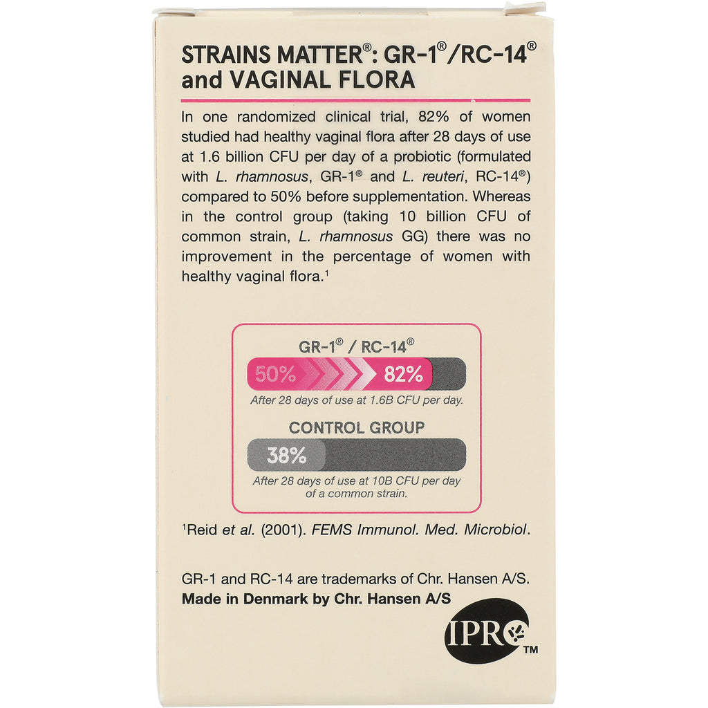 JR180 | product infographic on packaging showing GR-1/RC-14 probiotic results: 50% to 82% vs control 38% after 28 days - Thumbnail
