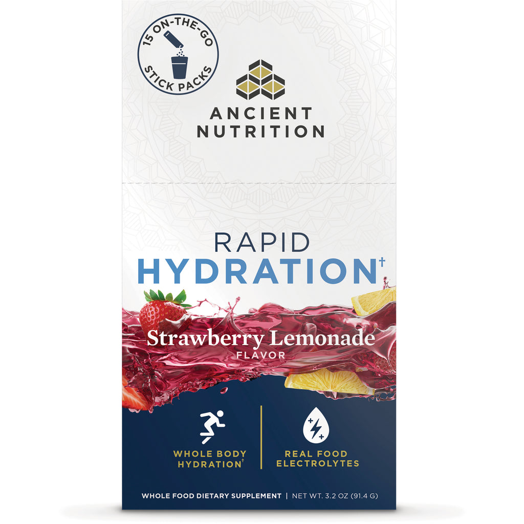 ATN144 | Ancient Nutrition Rapid Hydration Strawberry Lemonade box front with brand logo and fruit splash - Thumbnail