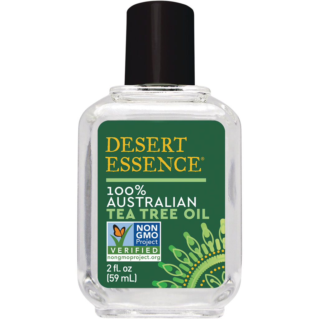 DST034 | Desert Essence 100% Australian tea tree oil 2 fl oz clear glass bottle with green label and black cap - Thumbnail