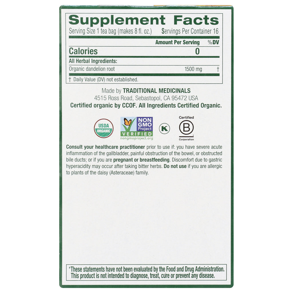 TMD003 | Back panel with Supplement Facts for organic dandelion root 1500 mg plus USDA Organic, Non-GMO, Kosher, B Corp icons - Thumbnail