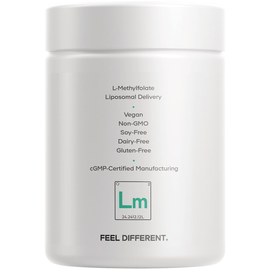 CDG066 | back of white supplement jar label listing L-Methylfolate liposomal delivery, Vegan, Non-GMO, Soy-Free, Dairy-Free, Gluten-Free, cGMP-certified - Thumbnail