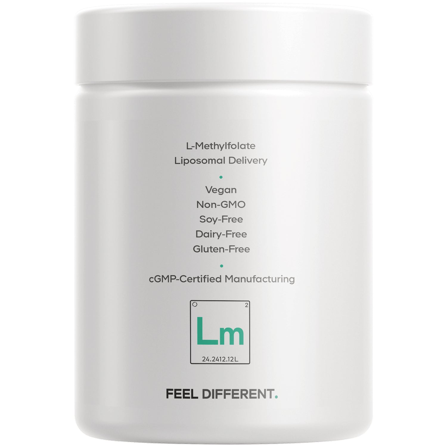 CDG066 | back of white supplement jar label listing L-Methylfolate liposomal delivery, Vegan, Non-GMO, Soy-Free, Dairy-Free, Gluten-Free, cGMP-certified
