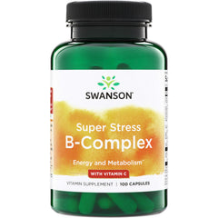 SW920 | Swanson Super Stress B-Complex with Vitamin C, 100 capsules bottle front, Energy and Metabolism
