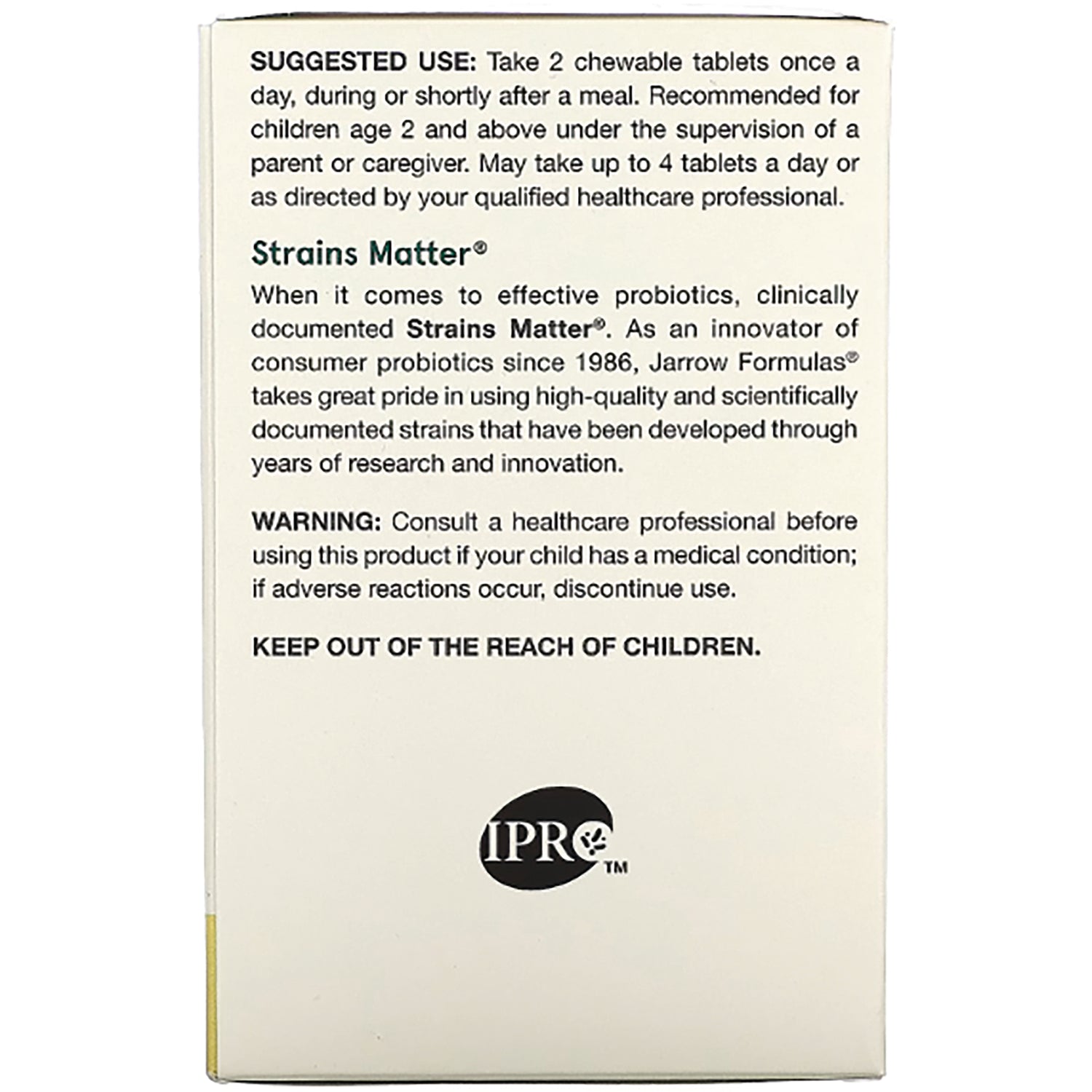 JR351 | back of box with suggested use, Strains Matter description, warning and KEEP OUT OF THE REACH OF CHILDREN