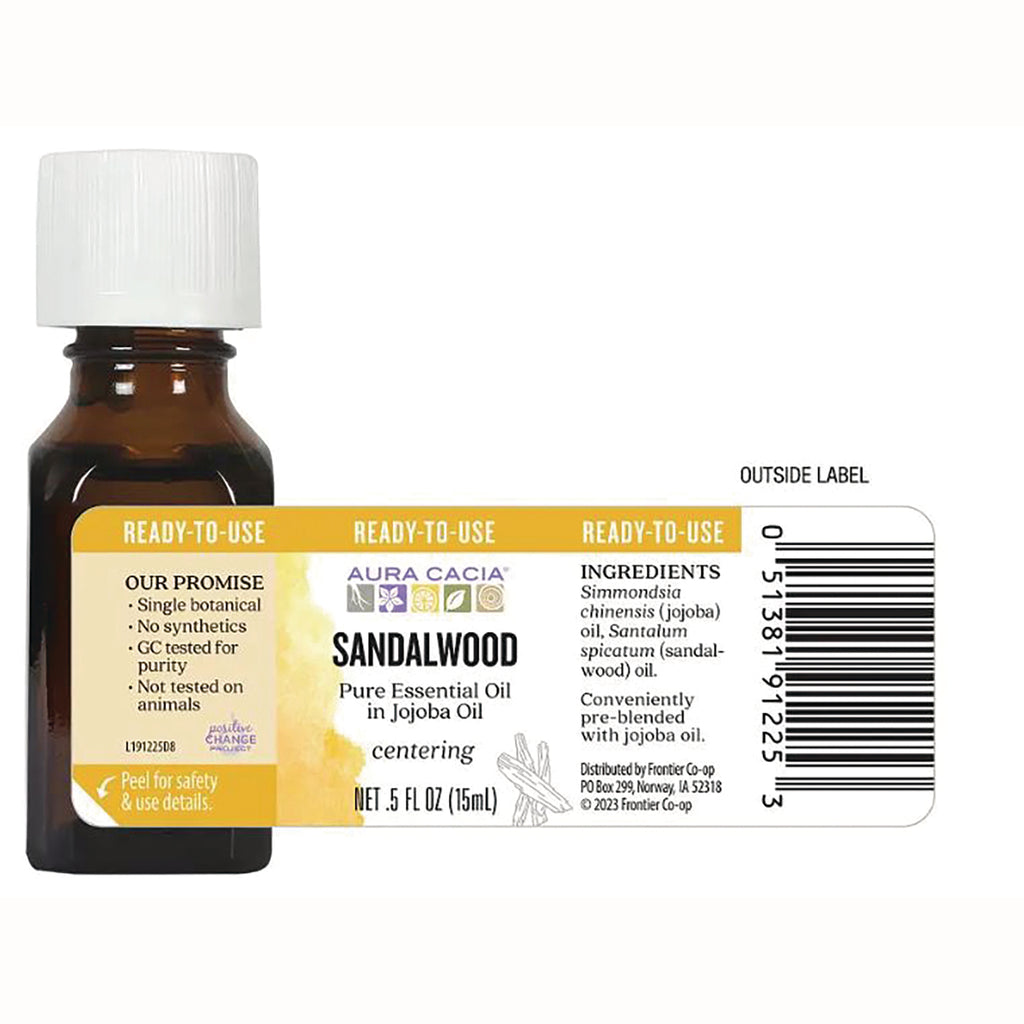 ARC040 | Back label of sandalwood pure essential oil in jojoba oil bottle showing ingredients, barcode, and NET .5 FL OZ (15mL) - Thumbnail