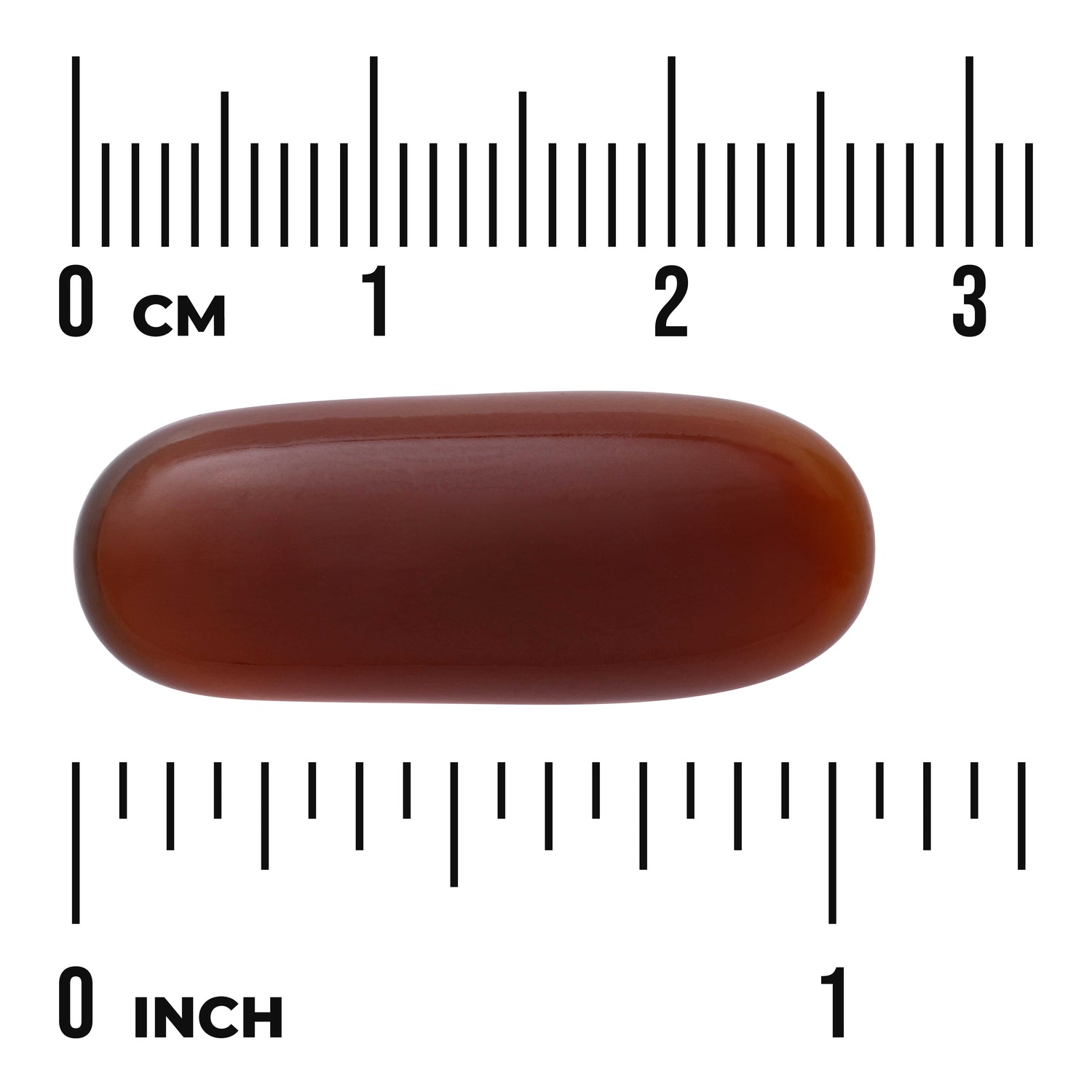 SW1410 | Brown softgel with size scale showing 0-3 cm and 0-1 inch
