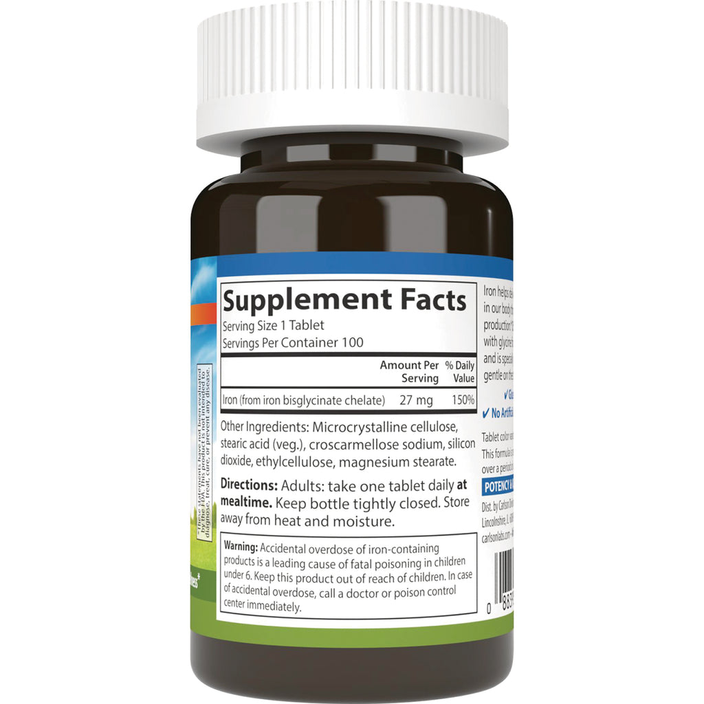 CSN198 | back of brown supplement bottle showing Supplement Facts label with Iron 27 mg, directions and warning - Thumbnail