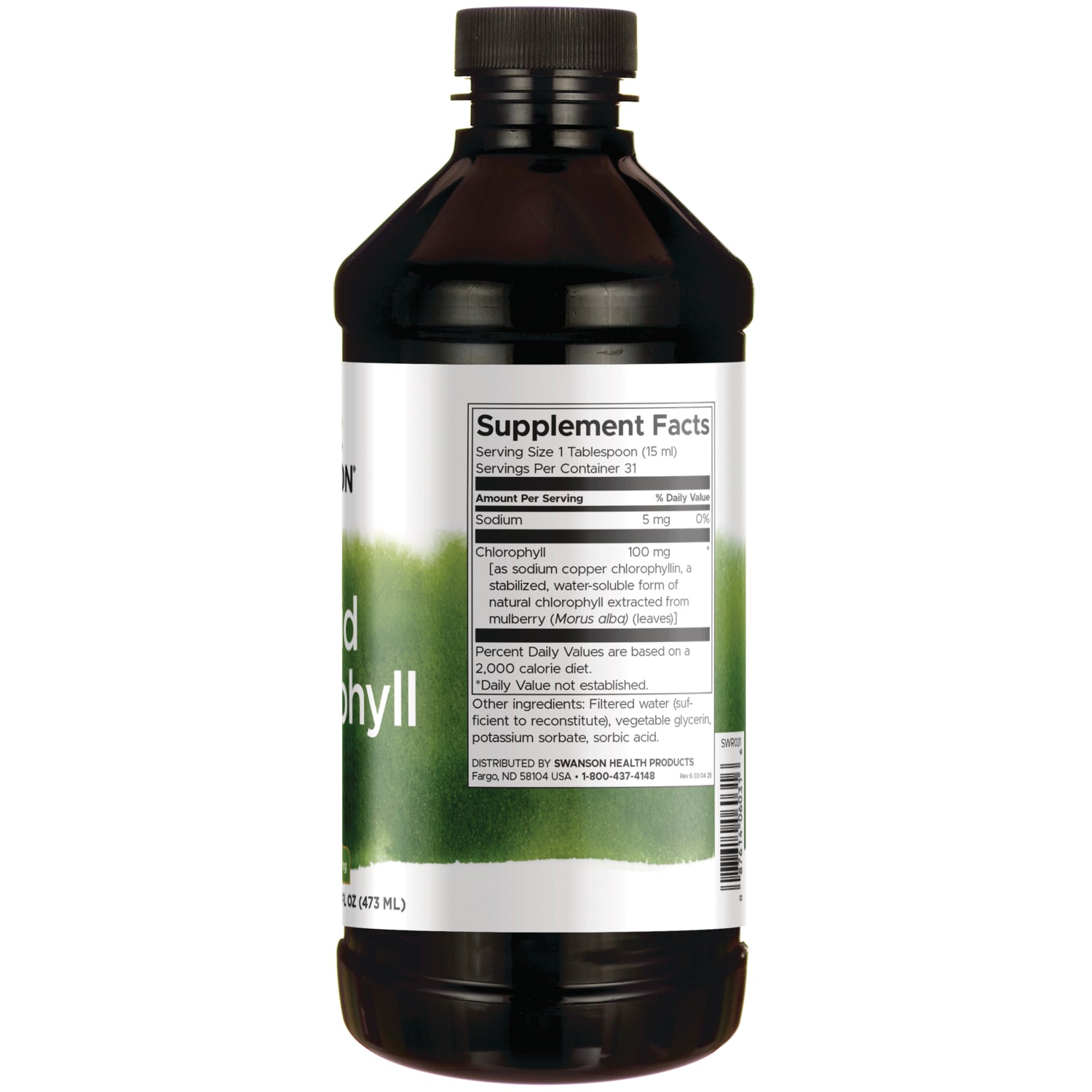 SWR031 | Supplement Facts panel with serving size, sodium 5 mg, chlorophyll 100 mg, suggested use, and warnings