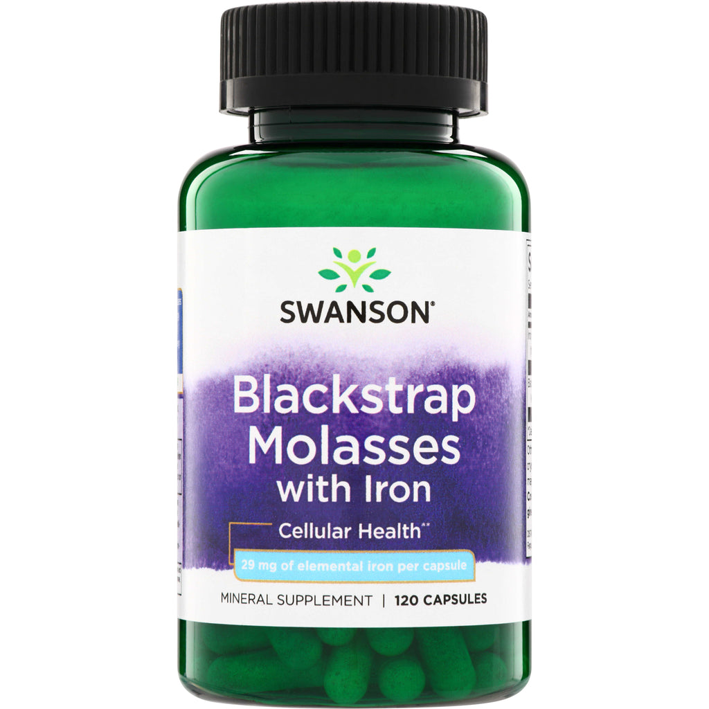 SW1214 | Swanson Blackstrap Molasses with Iron mineral supplement, 29 mg elemental iron per capsule, 120 capsules bottle - Thumbnail