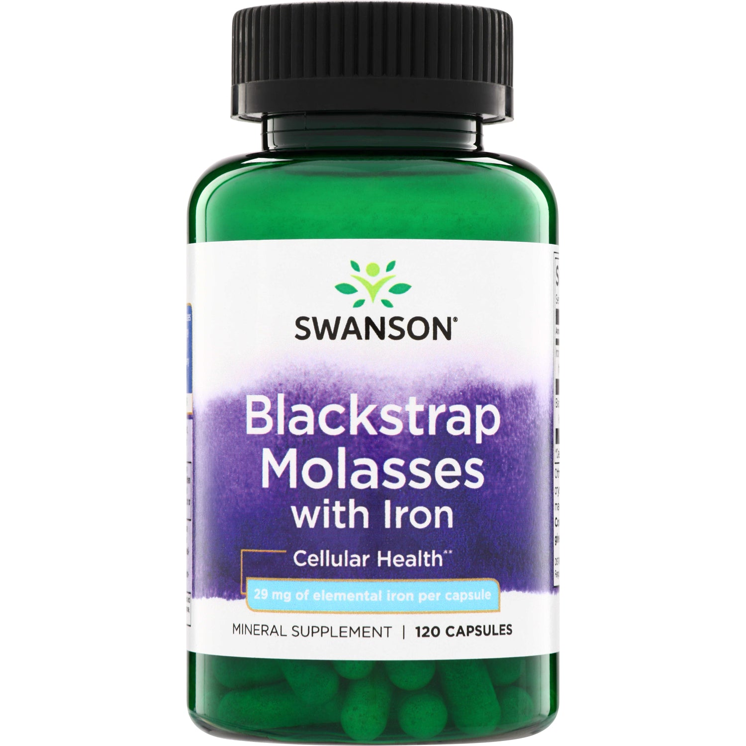 SW1214 | Swanson Blackstrap Molasses with Iron mineral supplement, 29 mg elemental iron per capsule, 120 capsules bottle