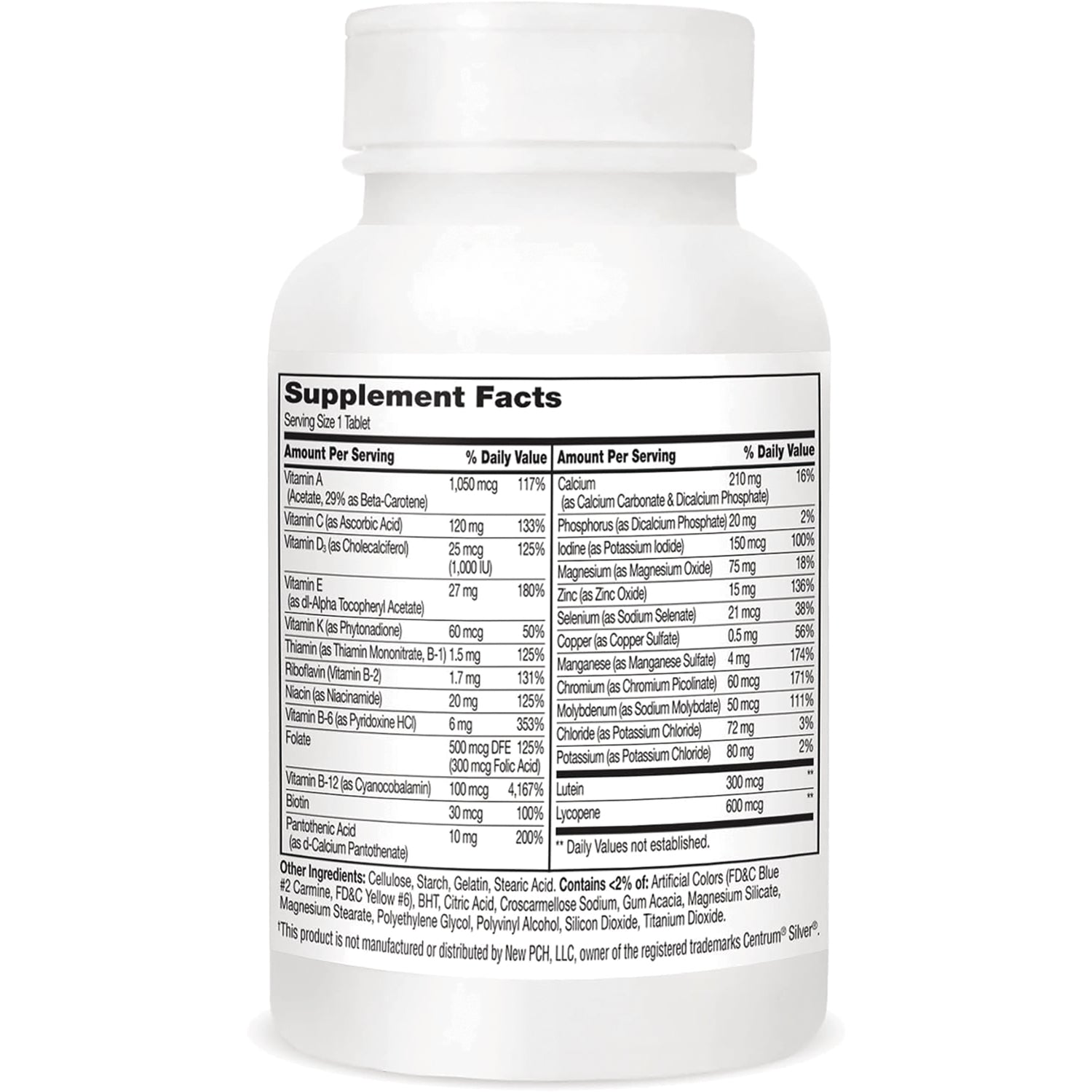 CNT281 | Supplement facts nutrition label on back of white supplement bottle listing vitamins and minerals