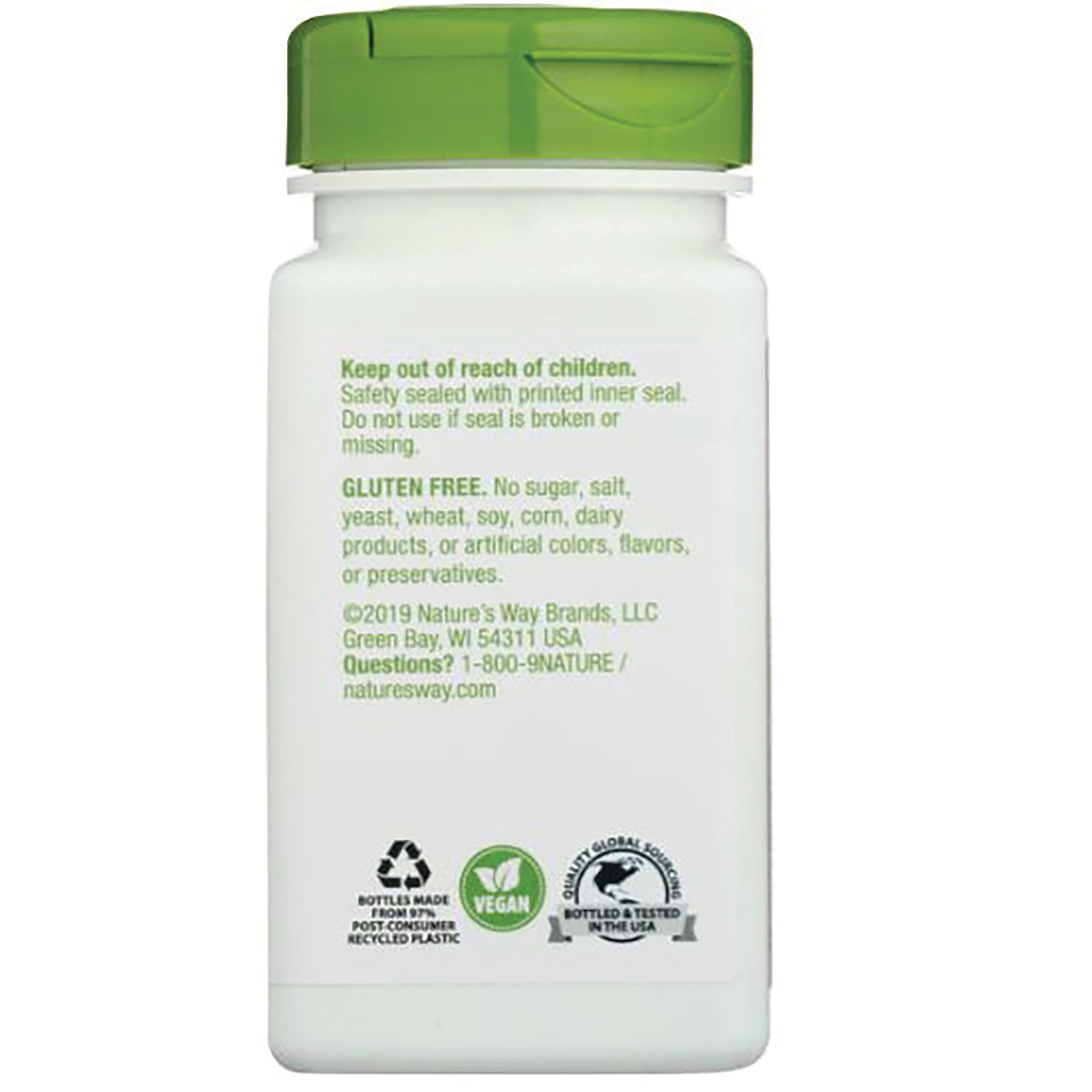 NW937 | back label showing safety warning, gluten free statement, company contact and certification icons
