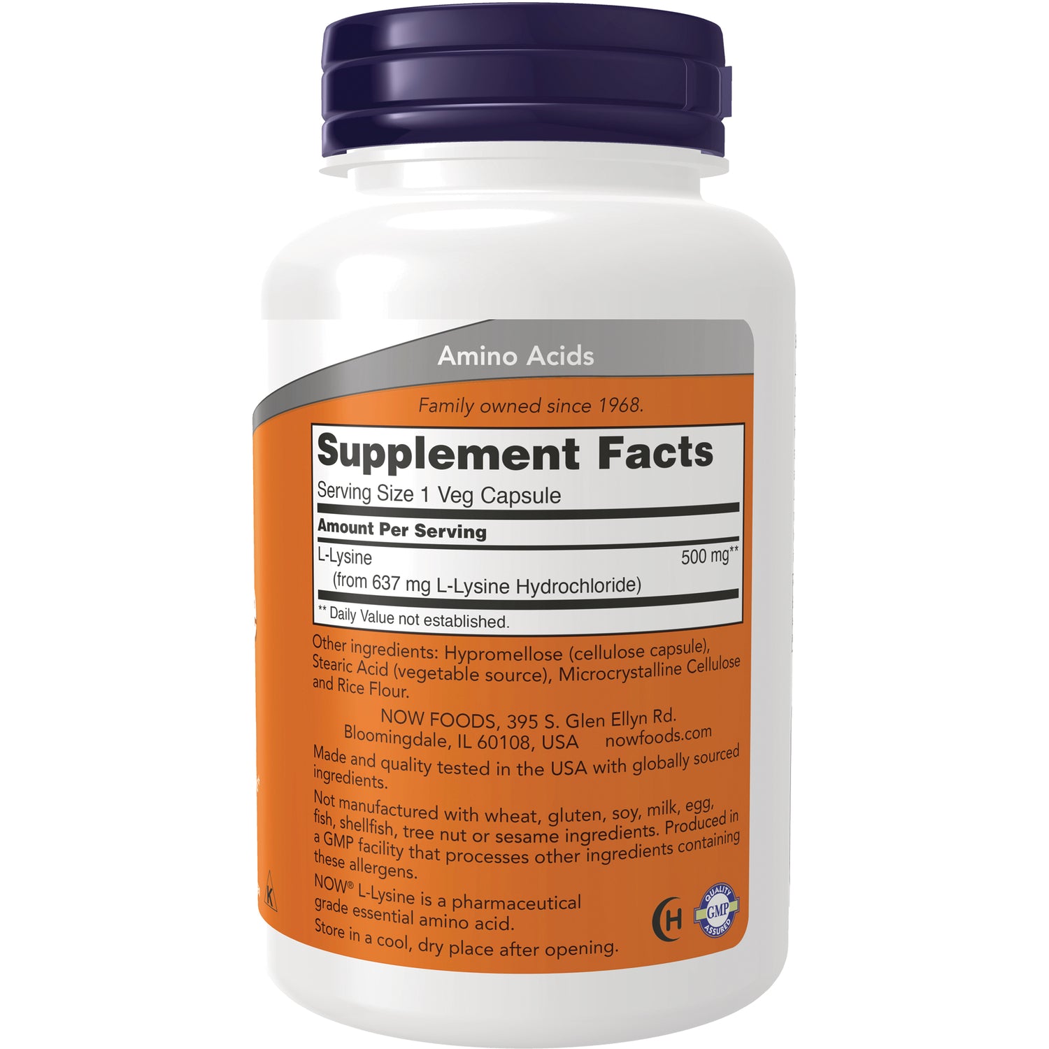 NWF062 | Back label with Supplement Facts for L-Lysine 500 mg, serving size 1 veg capsule and ingredient details