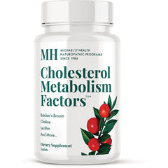 MNP042 | White supplement bottle labeled Cholesterol Metabolism Factors with red berries illustration