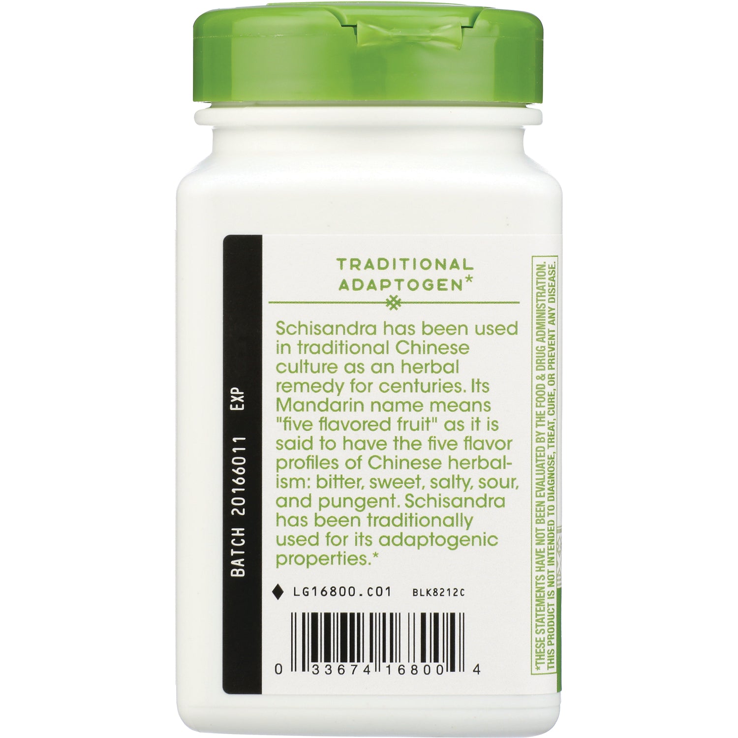 NW165 | Back label of white supplement bottle reading TRADITIONAL ADAPTOGEN with descriptive text about Schisandra and a barcode