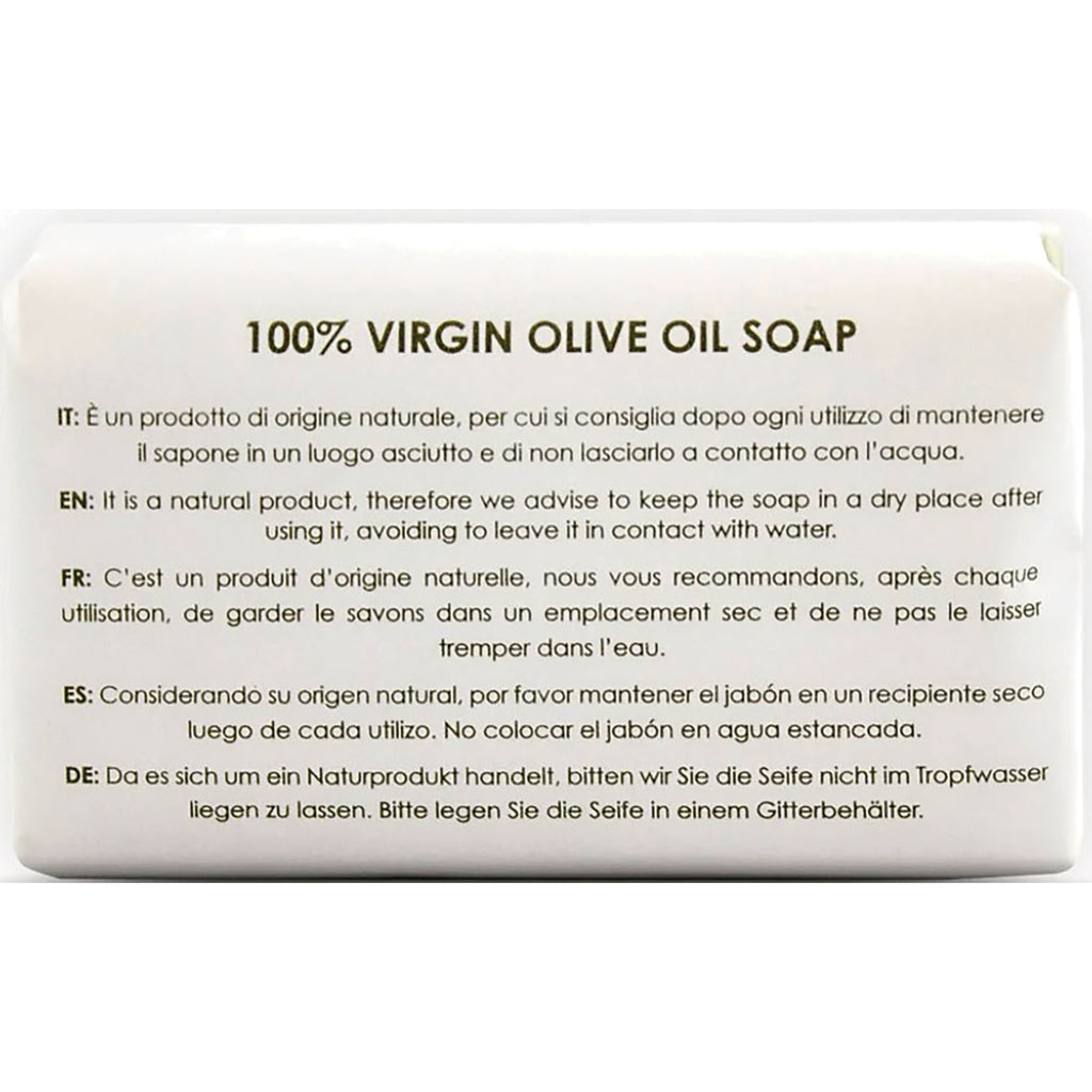 OLV008 | Back of soap box labeled 100% VIRGIN OLIVE OIL SOAP with multilingual care instructions in English, Italian, French, Spanish, German - Thumbnail