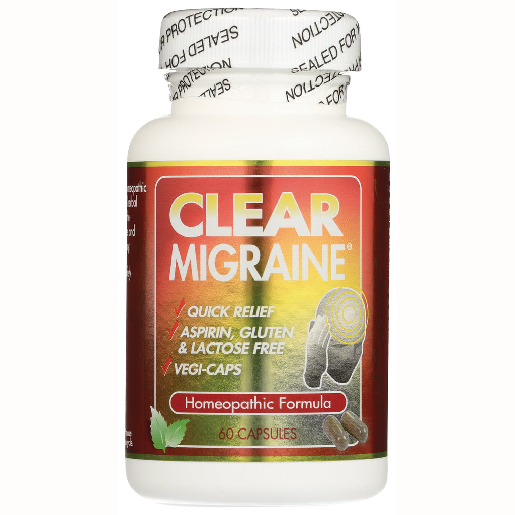 CLP003 | Clear Migraine bottle labeled quick relief, aspirin gluten & lactose free, vegi-caps homeopathic formula, 60 capsules - Thumbnail