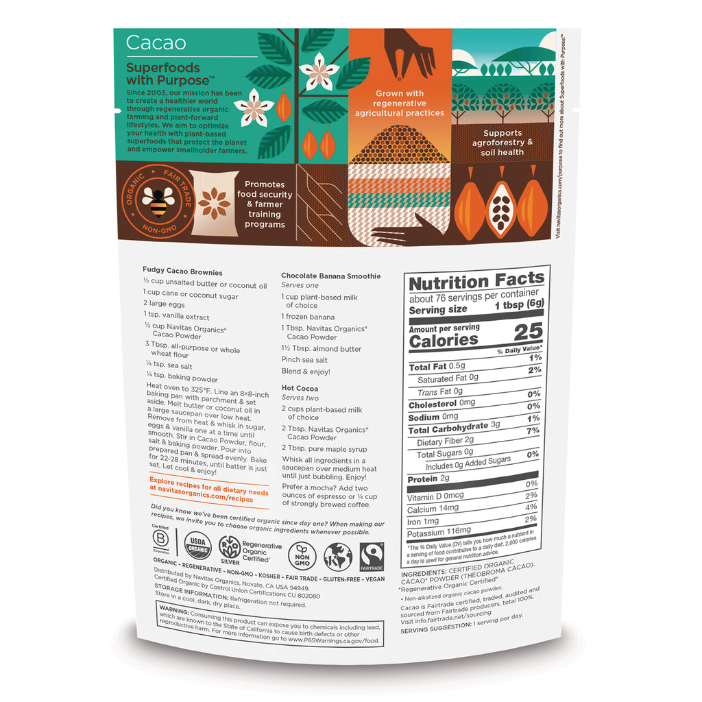 NAV001 | Back of cacao powder pouch showing Nutrition Facts panel, recipes, and certification icons - Thumbnail