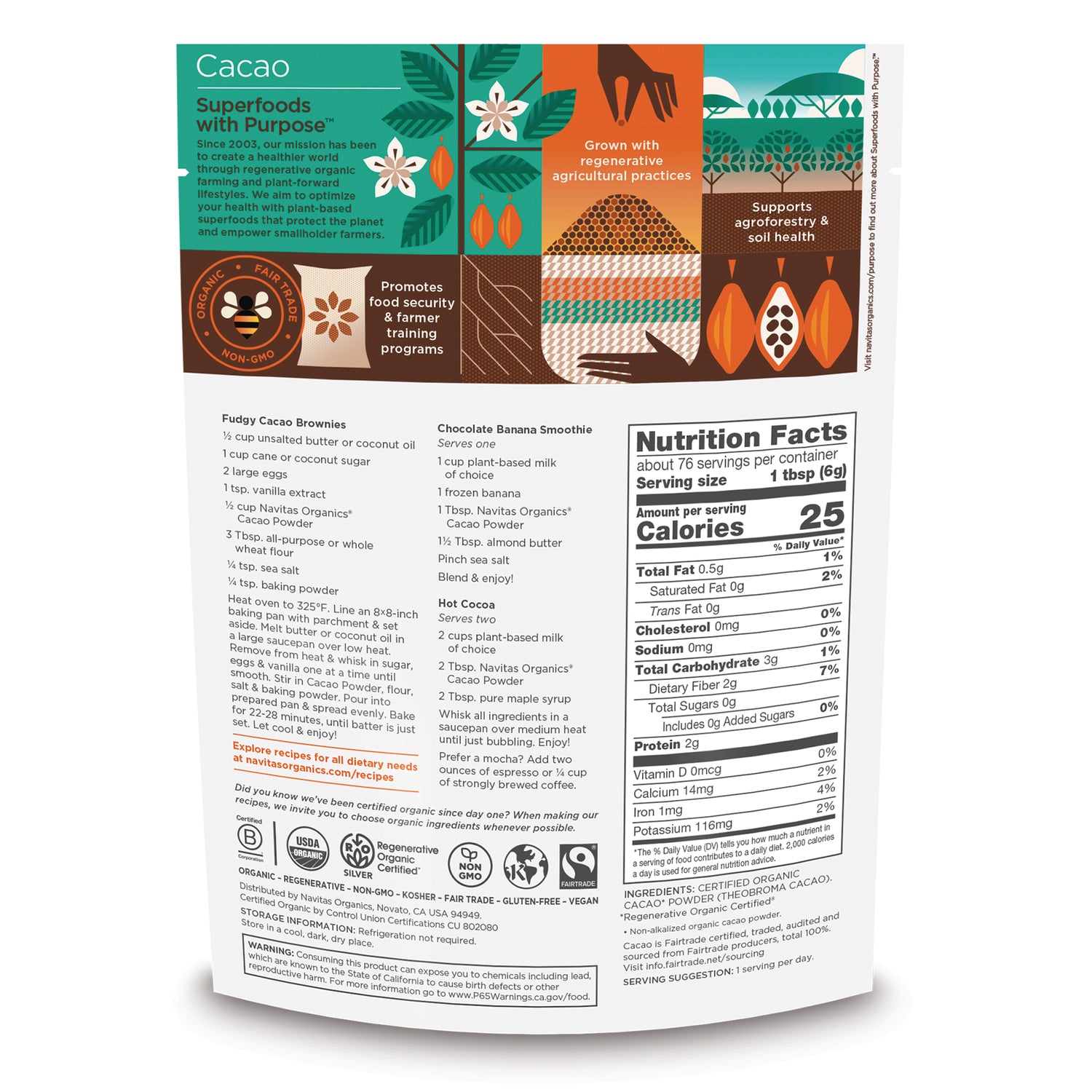 NAV001 | Back of cacao powder pouch showing Nutrition Facts panel, recipes, and certification icons