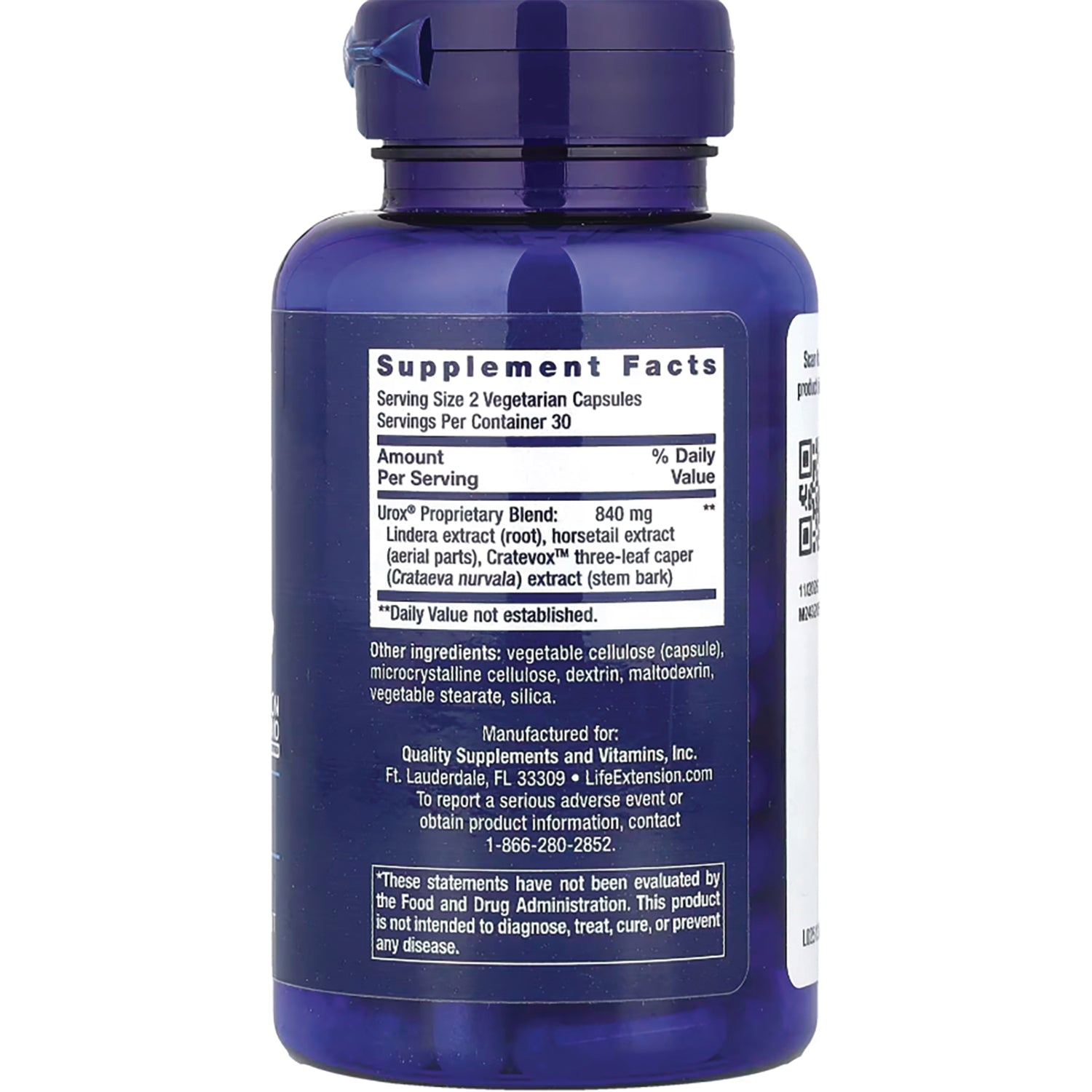 LE587 | supplement facts label and ingredient list on back of blue supplement bottle