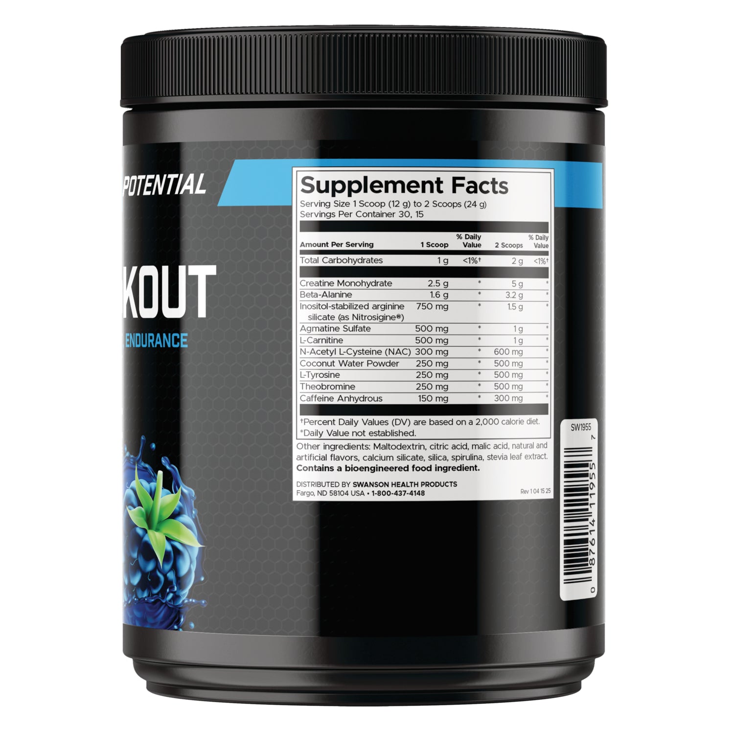 SW1955 | Back label with Supplement Facts panel for pre-workout endurance powder