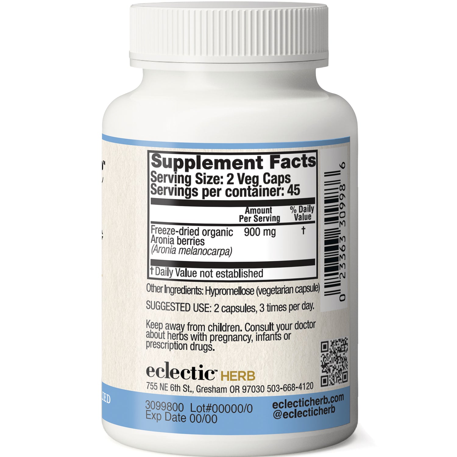 EC019 | Back of white supplement bottle showing Supplement Facts panel, serving size 2 Veg Caps, Freeze-dried organic Aronia berries 900 mg, eclectic HERB