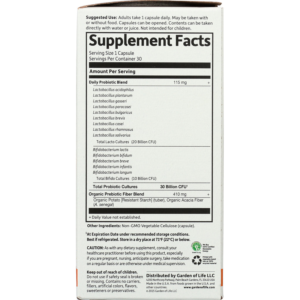 GLF203 | back panel showing Supplement Facts label with probiotic ingredients and usage directions - Thumbnail