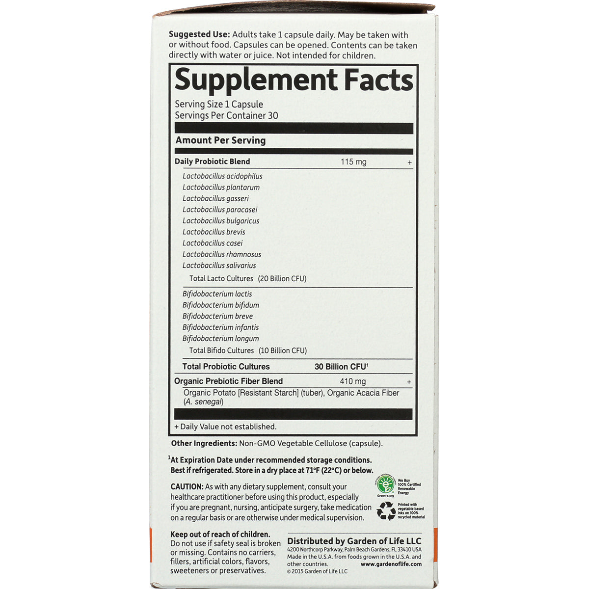 GLF203 | back panel showing Supplement Facts label with probiotic ingredients and usage directions