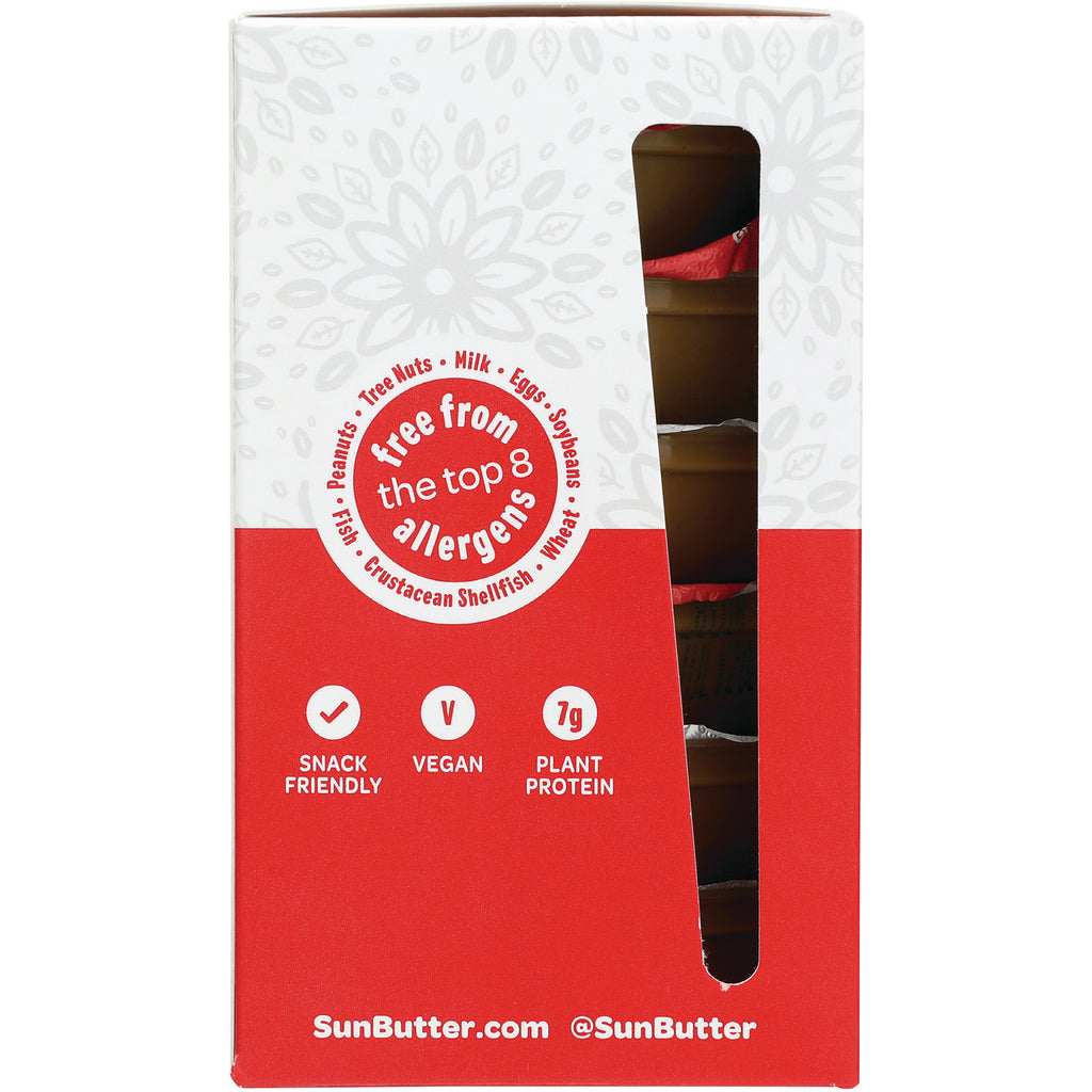 SBT009 | back of red and white SunButter box labeled free from the top 8 allergens, vegan, snack friendly, 7g plant protein - Thumbnail