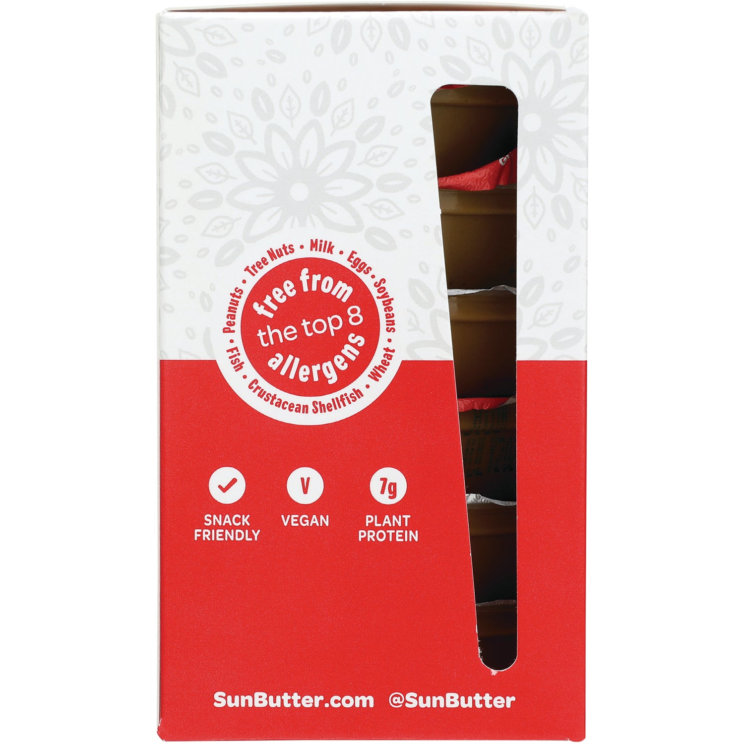 SBT009 | back of red and white SunButter box labeled free from the top 8 allergens, vegan, snack friendly, 7g plant protein