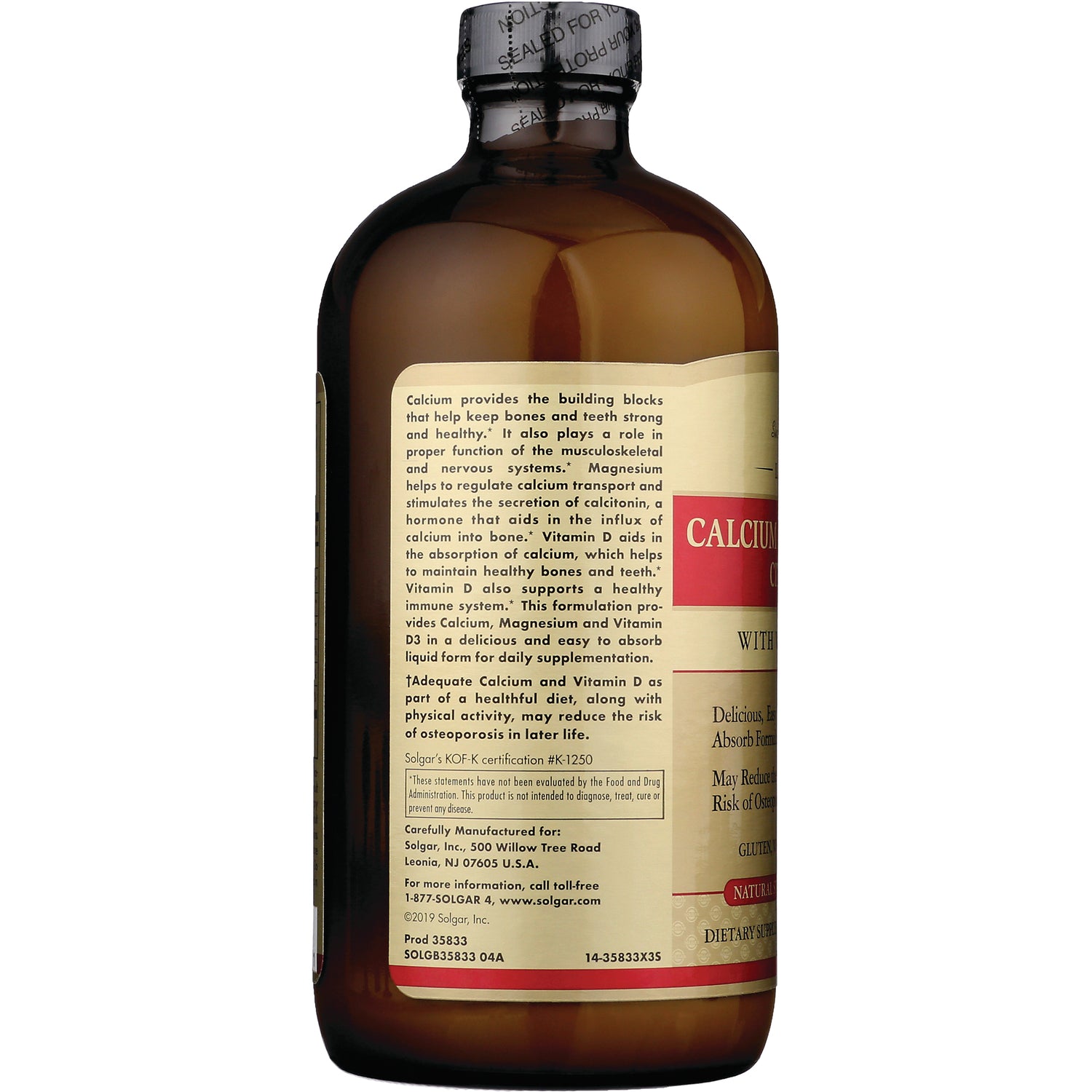 Amber bottle back label showing CALCIUM product text, supplement facts and usage information