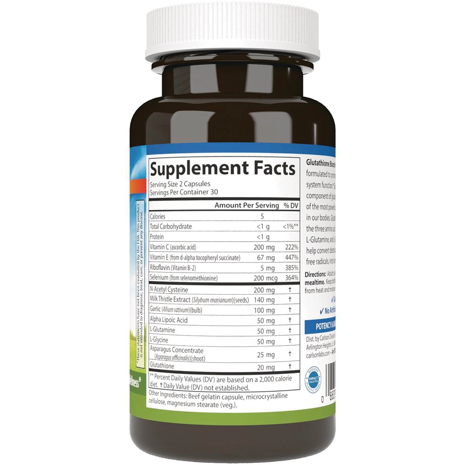 CSN206 | Supplement Facts panel on brown supplement bottle showing serving size, nutrient amounts, and other ingredients