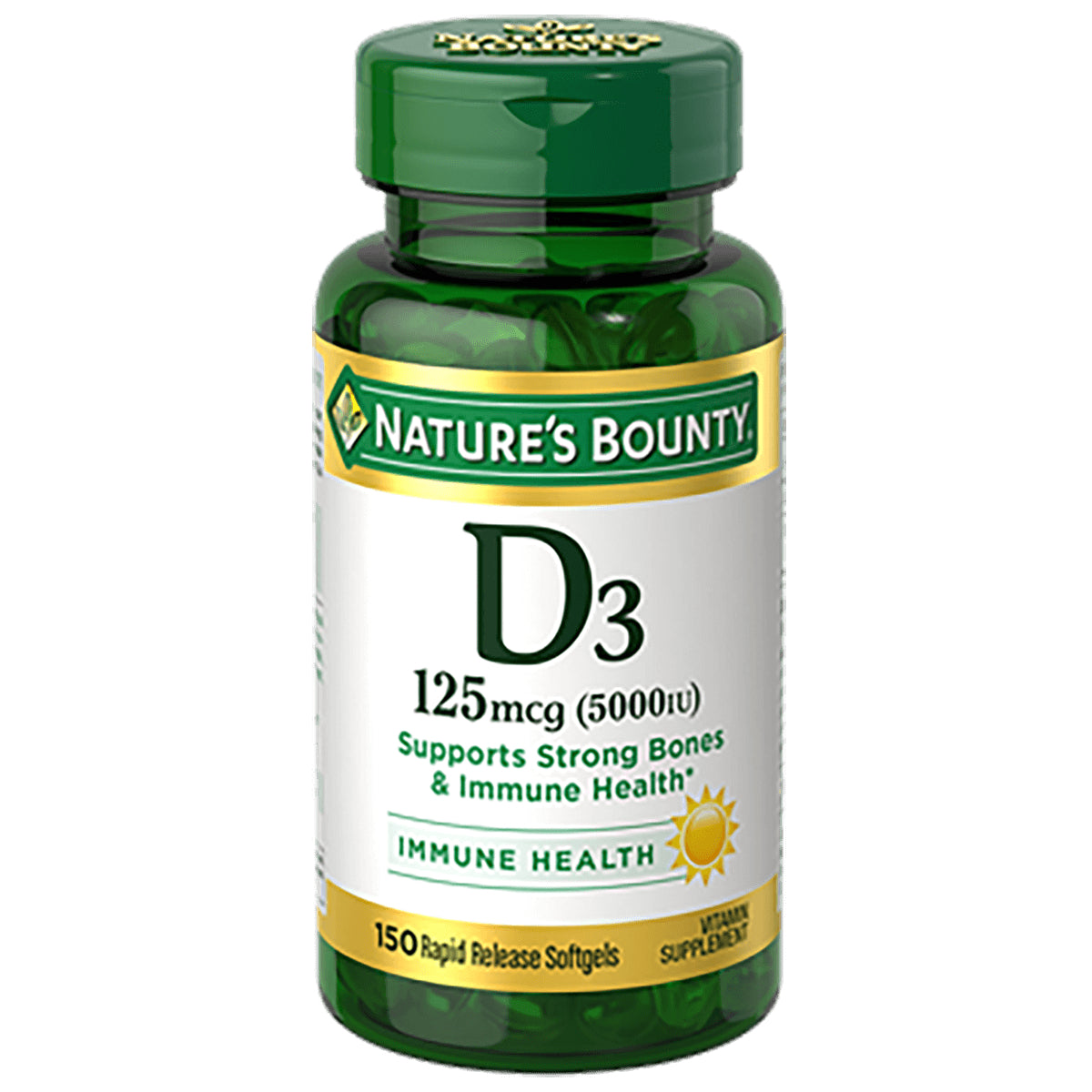 NBY052 | Nature's Bounty D3 125 mcg (5000 IU) bottle 150 rapid release softgels front label