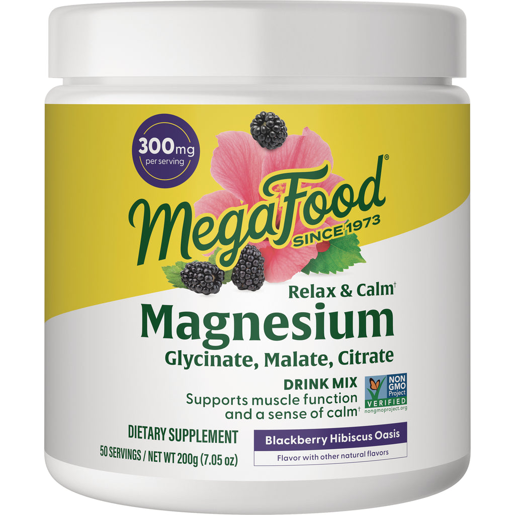 MGF129 | MegaFood Magnesium drink mix container, Blackberry Hibiscus Oasis flavor, label showing 300 mg per serving - Thumbnail