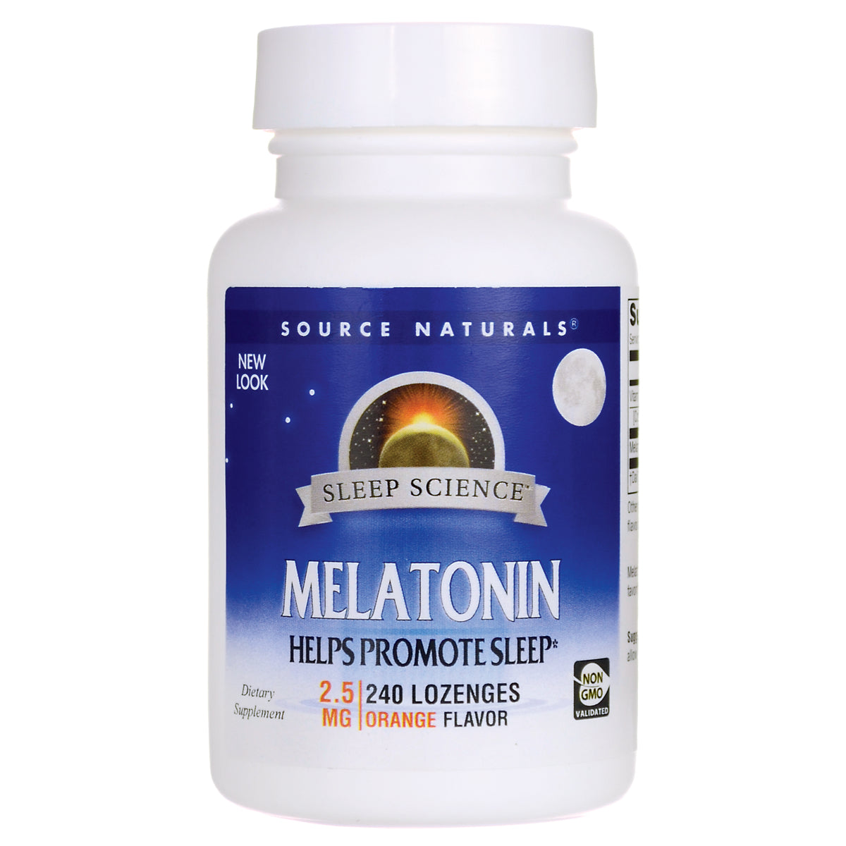 SN648 | Source Naturals Sleep Science Melatonin 2.5 mg, 240 lozenges, orange flavor, Non-GMO validated