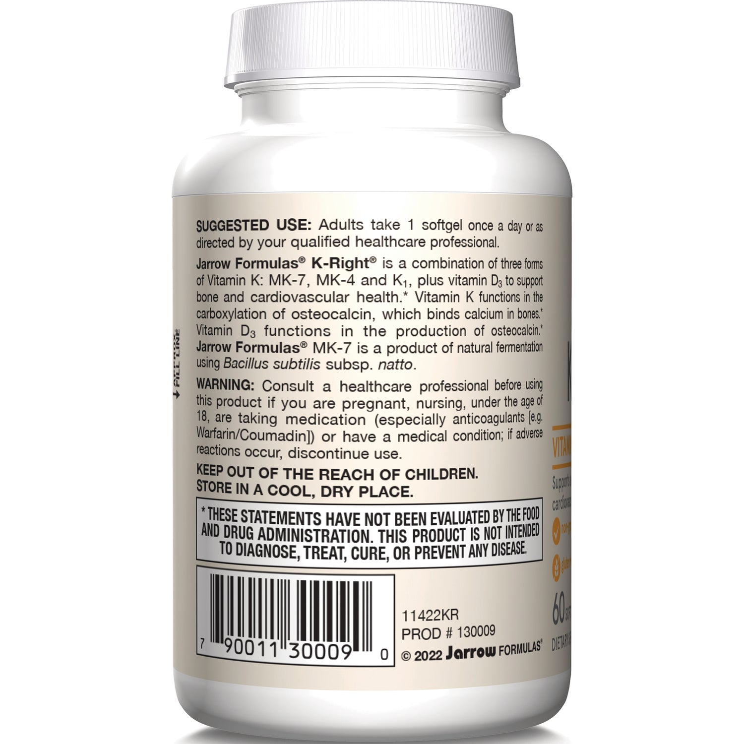 JR343 | back label of white supplement bottle with suggested use, warnings, barcode and storage instructions