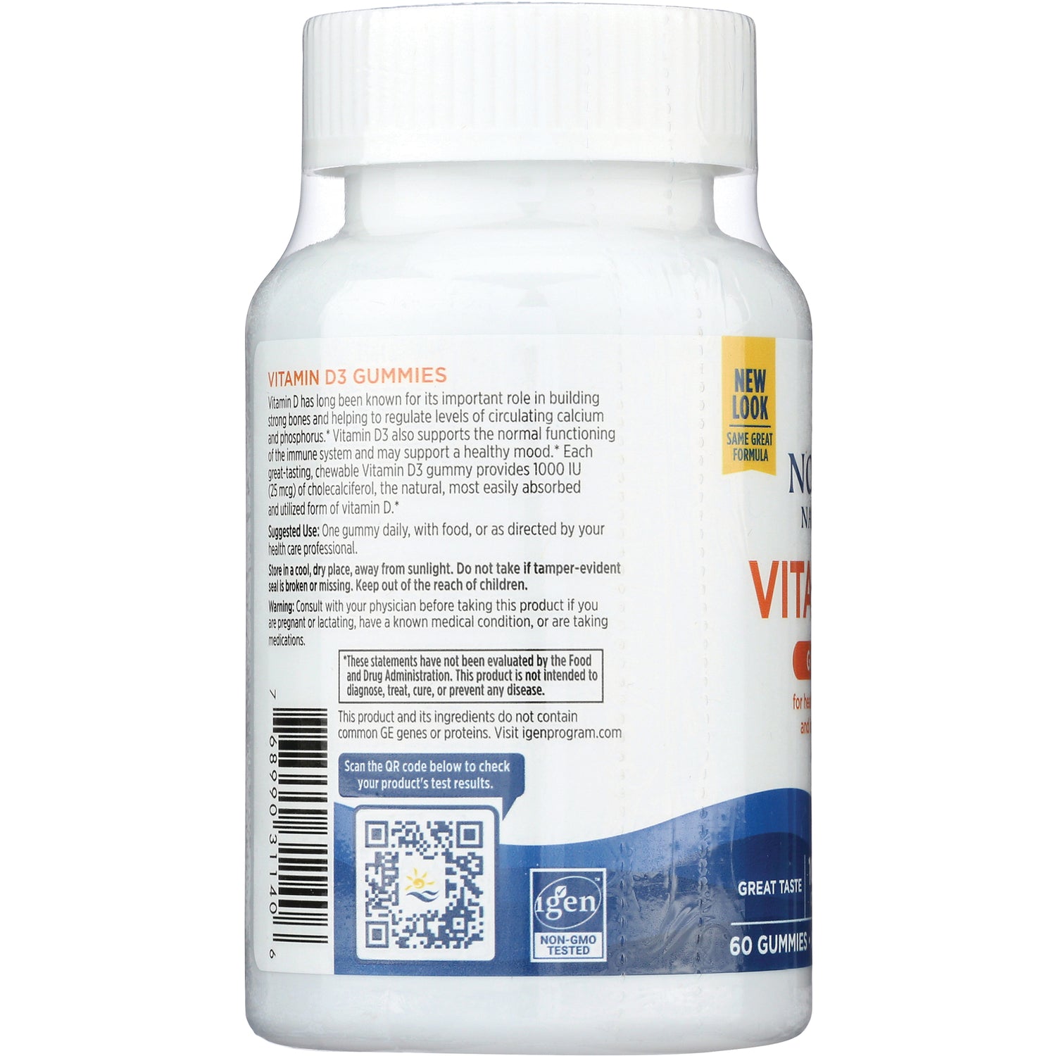 NRN070 | Back label of white bottle showing Vitamin D3 gummies description, barcode and QR code