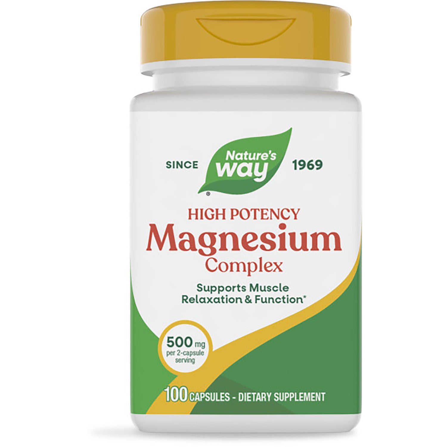 NW360 | Nature's Way Magnesium Complex high potency bottle, label reads Supports Muscle Relaxation & Function, 100 capsules