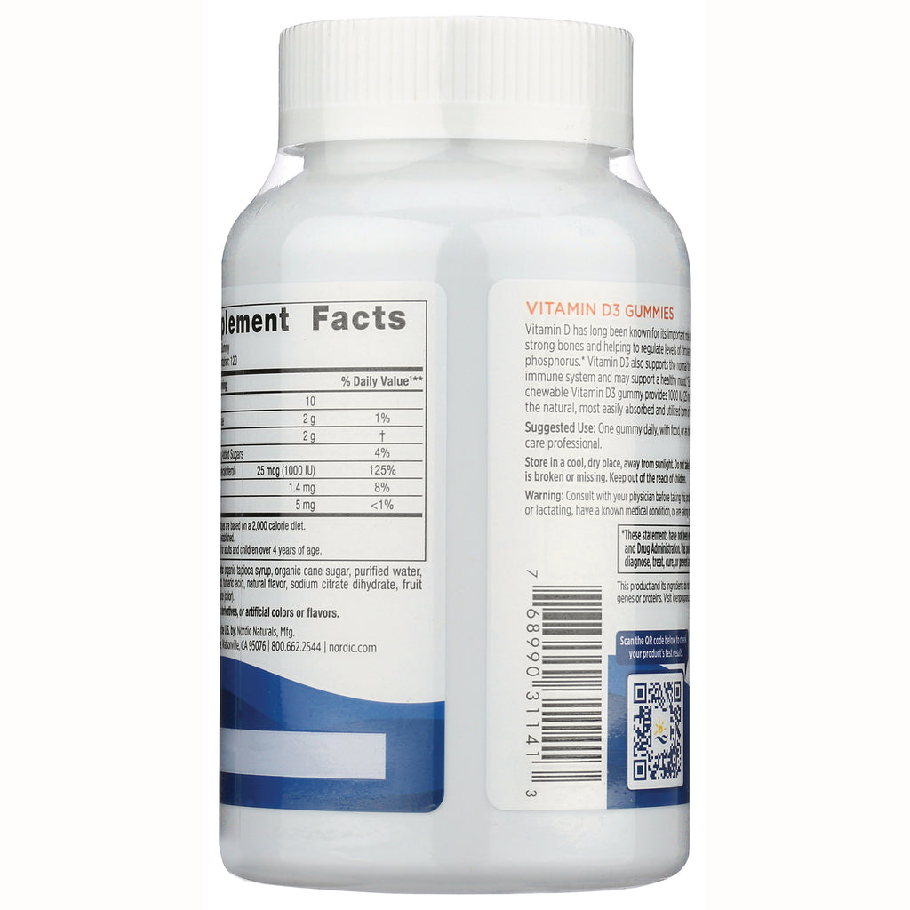 NRN116 | back label of white Vitamin D3 gummies bottle showing Supplement Facts panel, barcode, and usage text - Thumbnail