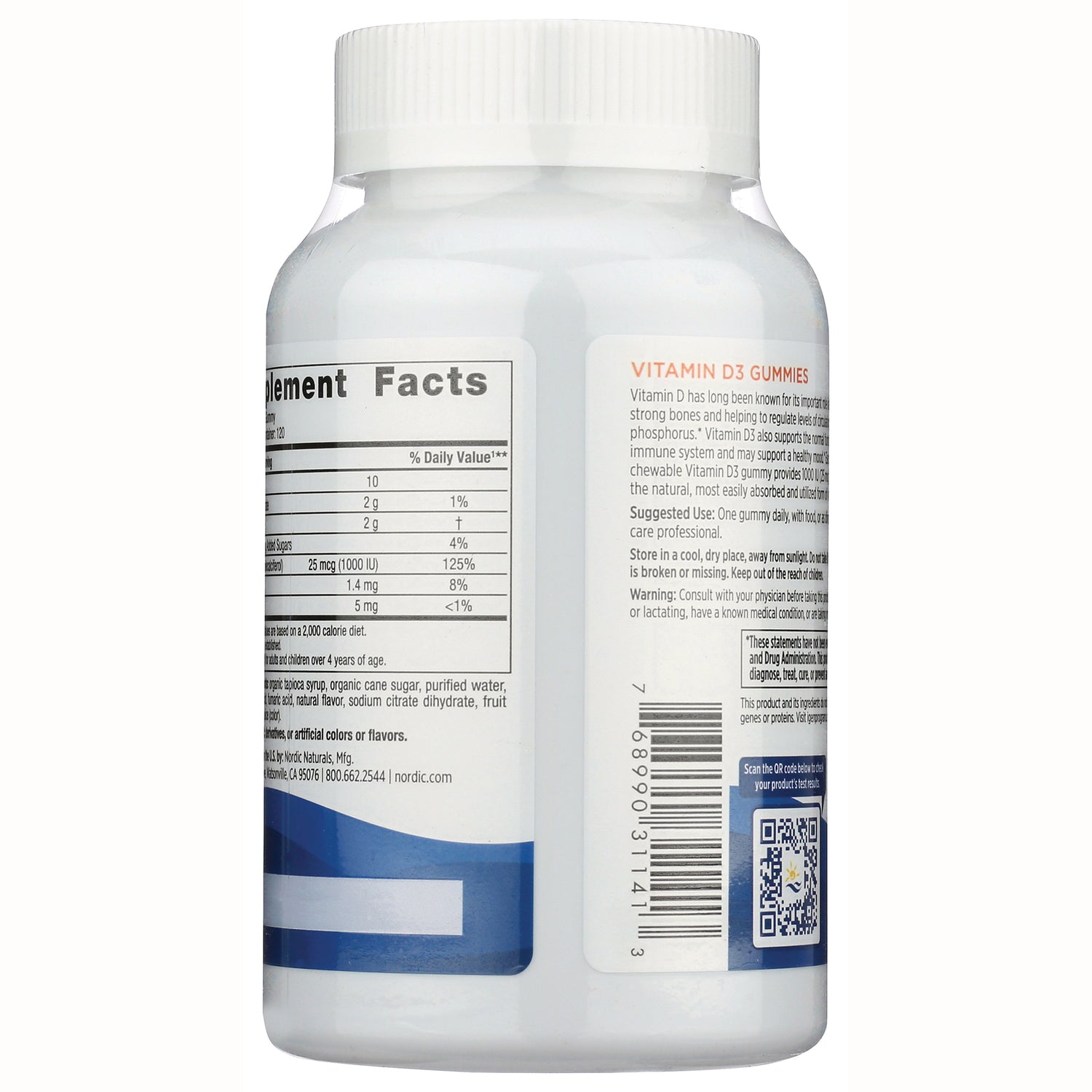 NRN116 | back label of white Vitamin D3 gummies bottle showing Supplement Facts panel, barcode, and usage text
