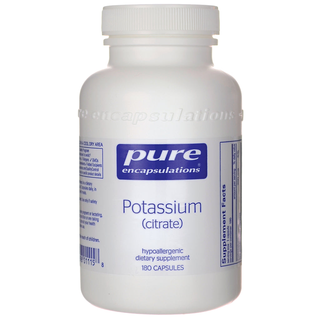 PRN122 | white bottle of Pure Encapsulations Potassium (citrate) dietary supplement 180 capsules - Thumbnail
