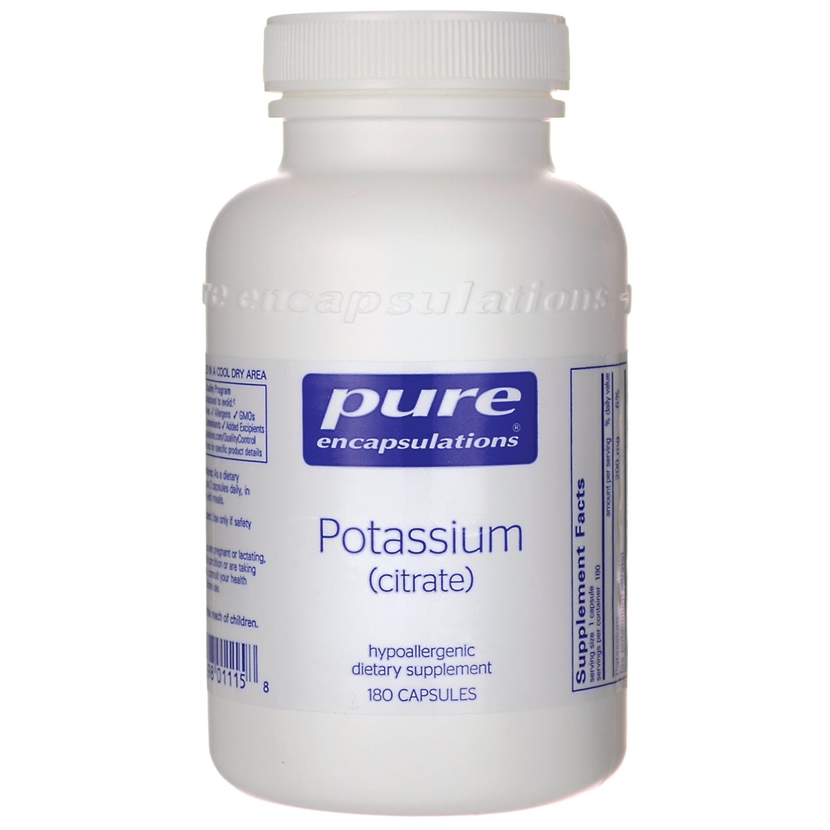 PRN122 | white bottle of Pure Encapsulations Potassium (citrate) dietary supplement 180 capsules