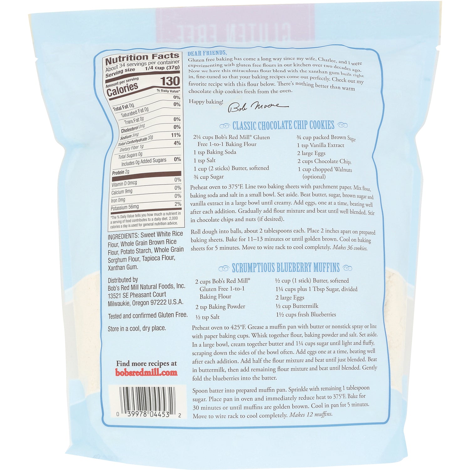 BOB342 | Back of light-blue product pouch showing nutrition facts, ingredients, recipes and barcode