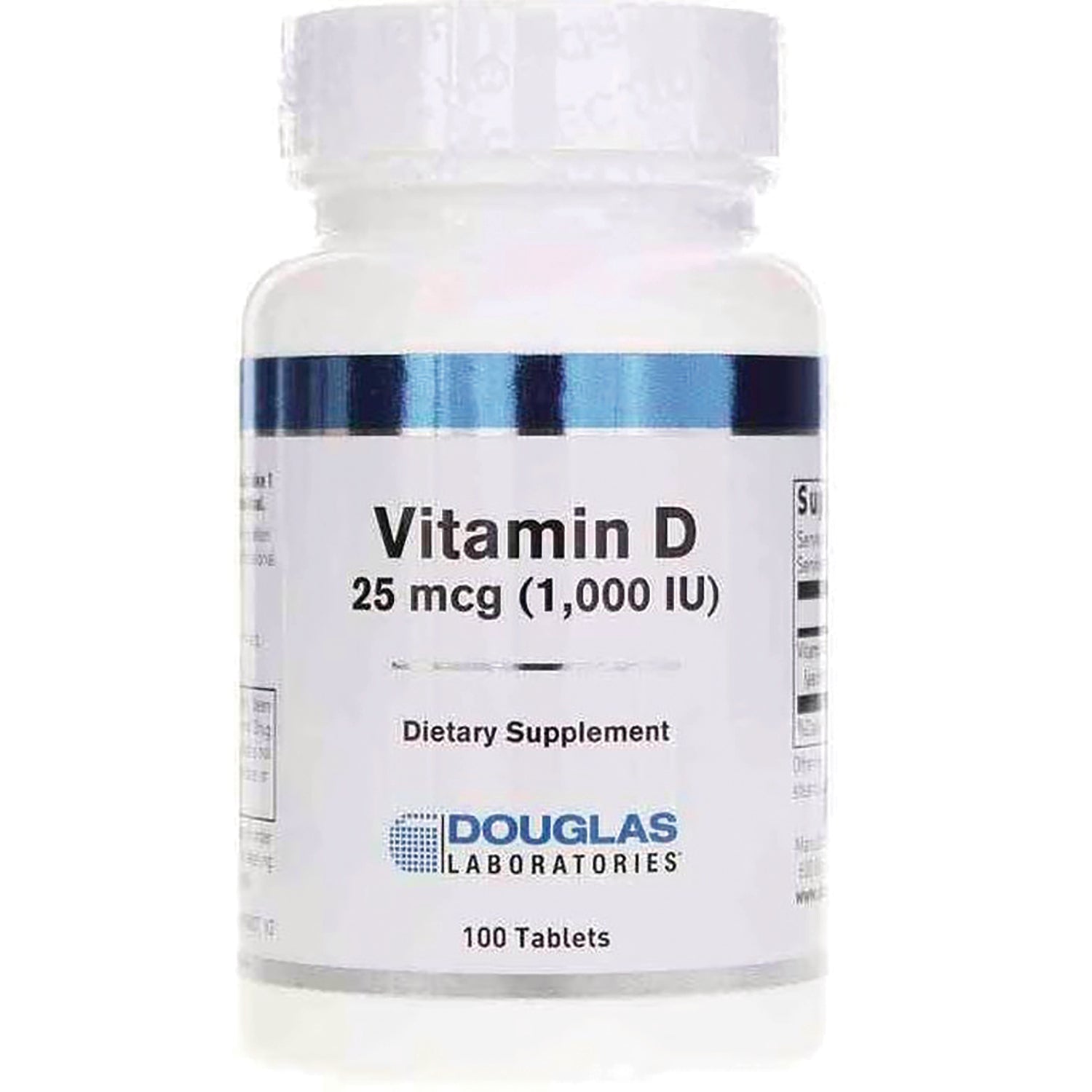 DGL008 | Bottle of Douglas Laboratories Vitamin D 25 mcg (1,000 IU) dietary supplement, 100 tablets