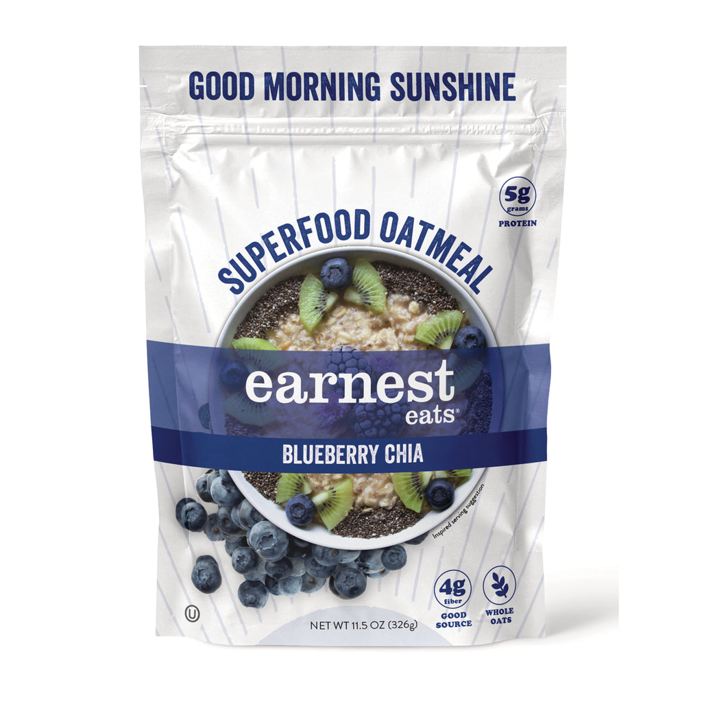 ERE013 | Earnest Eats blueberry chia superfood oatmeal pouch front with bowl and blueberries - Thumbnail