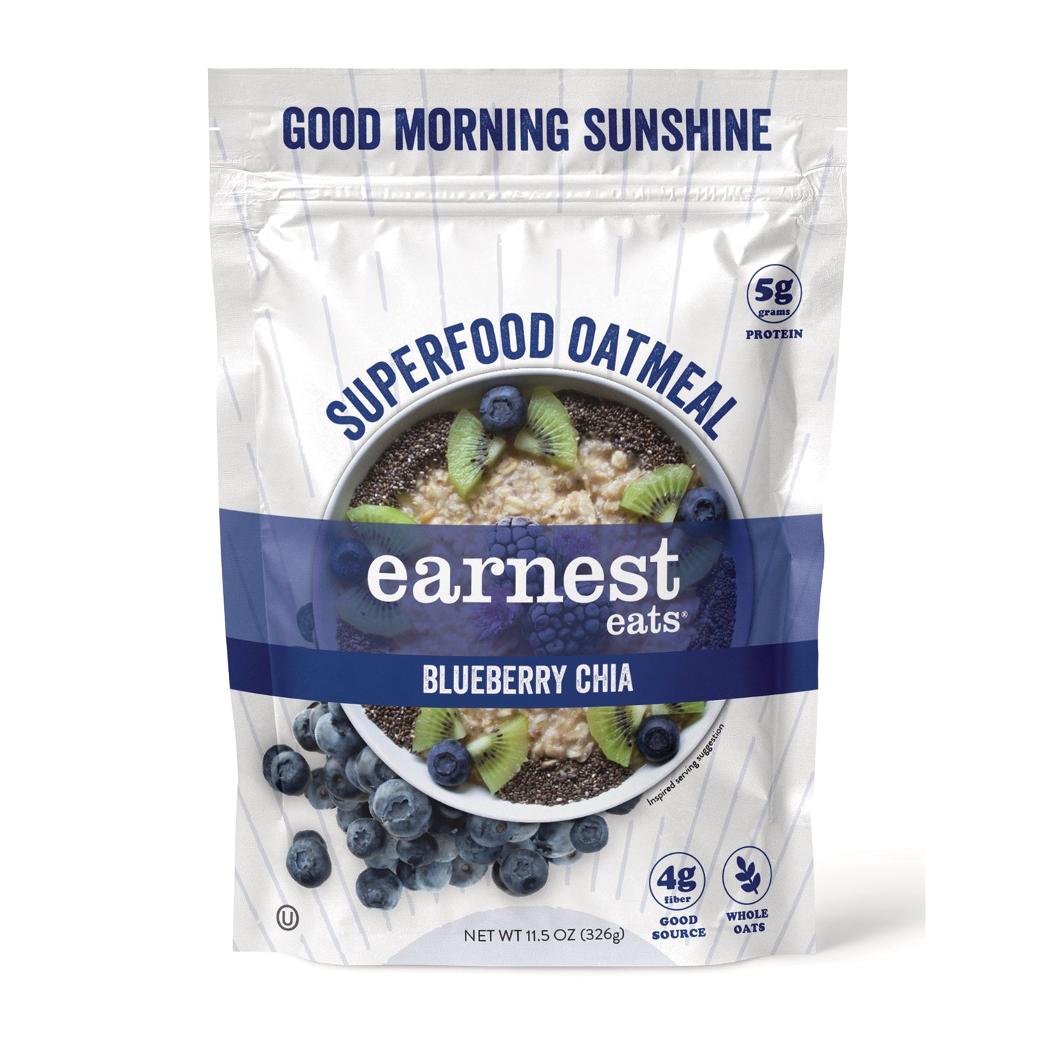 ERE013 | Earnest Eats blueberry chia superfood oatmeal pouch front with bowl and blueberries