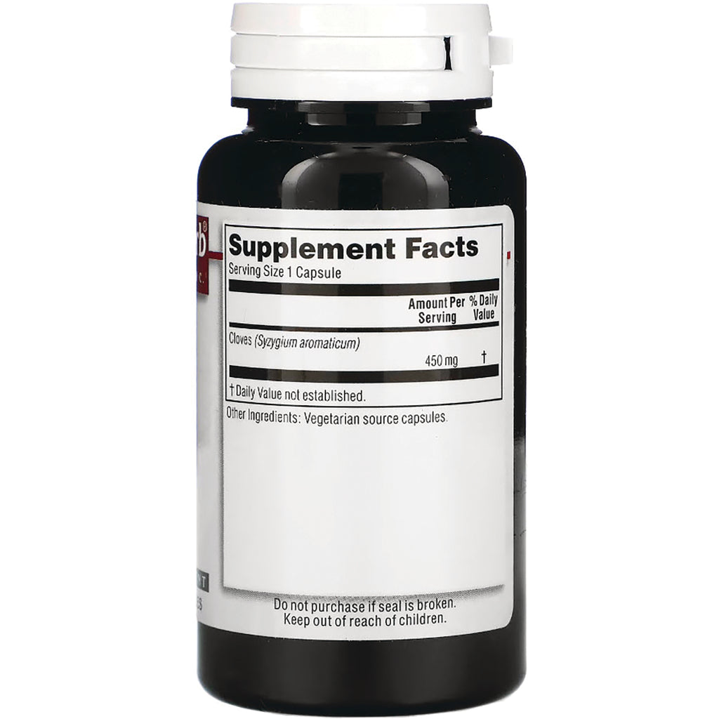 KRG002 | Back of black supplement bottle showing Supplement Facts label, serving size 1 capsule and 450 mg cloves, keep out of reach of children - Thumbnail